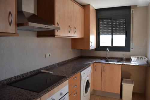 een keuken met een wastafel en een wasmachine bij Apartament Lo Passador in Deltebre