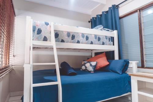 sypialnia z łóżkiem piętrowym i niebieskim łóżkiem w obiekcie Pelicans Pad @ St Lucia w mieście St Lucia
