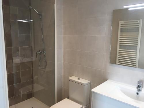 a bathroom with a shower and a toilet and a sink at Torre de la Ferrería in Tona