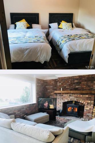 a bedroom with two beds and a fireplace at Maggie janes cottage Carlingford omealth in Ó Méith