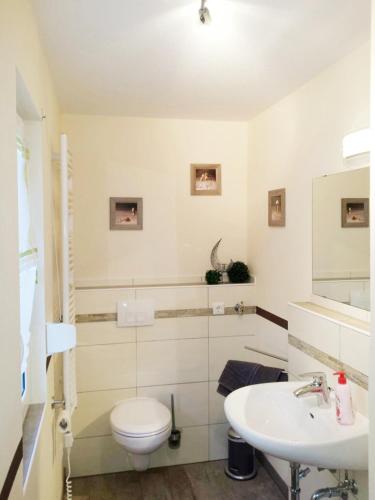 a white bathroom with a toilet and a sink at Ferienhaus Bielenski in Blankenburg