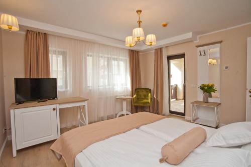 una camera con un grande letto e una televisione di Uphill Residence a Sinaia