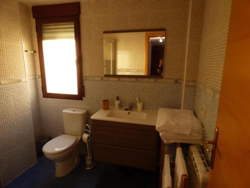 a bathroom with a toilet and a sink and a mirror at Apartamento Las Eras in Camarena de la Sierra