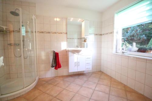 a bathroom with a shower and a sink and a mirror at Ferienwohnung An den Tannen in Bartelshagen