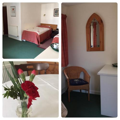 duas fotos de um quarto com uma cama e um vaso de flores em Parkfield (Chepstow BnB) em Chepstow