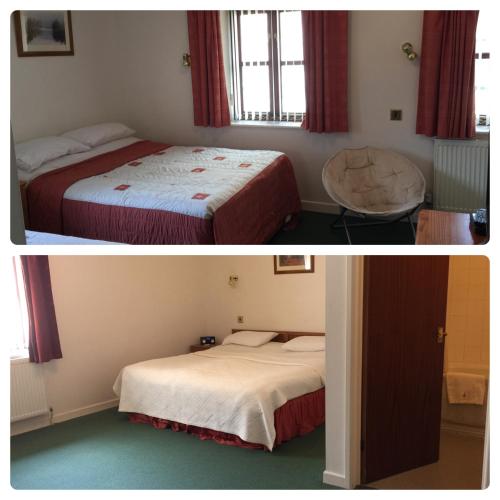 two pictures of a hotel room with two beds at Parkfield (Chepstow BnB) in Chepstow