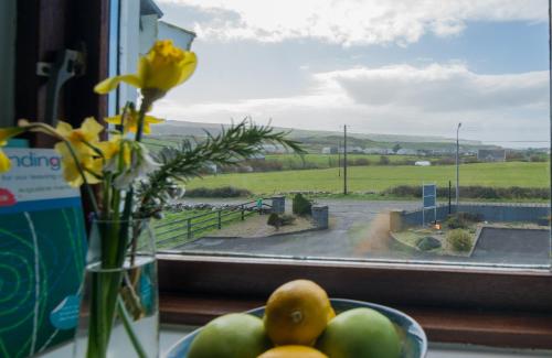 eine Schale Obst auf einem Fensterbrett mit Aussicht in der Unterkunft Oar restaurant and Rooms in Doolin