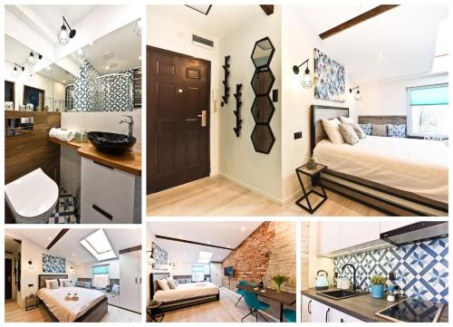 un collage de photos d'une chambre et d'une salle de bains dans l'établissement Steel And Wood Apartment, à Toruń