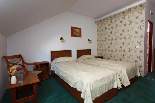 a hotel room with two beds and a chair at Pension Ferdinand Panzio in Sfântu-Gheorghe