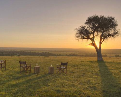 three chairs and a table in a field with a tree at Olare Mara Kempinski in Talek