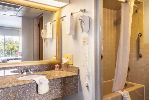 ein Bad mit einem Waschbecken, einem Spiegel und einer Dusche in der Unterkunft Econo Lodge Winter Haven Chain of Lakes in Winter Haven