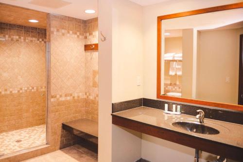 a bathroom with a sink and a shower at Quality Inn & Suites Ames Conference Center Near ISU Campus in Ames