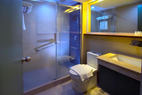 a bathroom with a shower and a toilet and a sink at Sola Hotel in Laoag