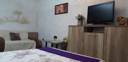 un salon avec une télévision à écran plat sur une armoire dans l'établissement Apartment on Kamyanetskaya street, à Khmelnytsky