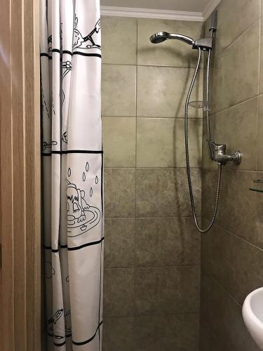 ein Bad mit Dusche und Duschvorhang in der Unterkunft Apartament at Park in Lwiw