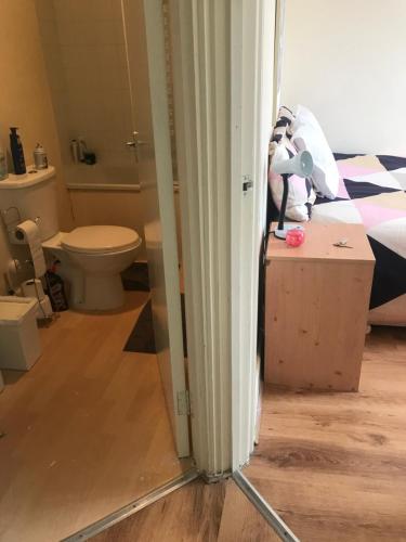 a bathroom with a toilet and a bed in a room at Guest House quarto Individual cama box solteiro ! Finsbury Park in London