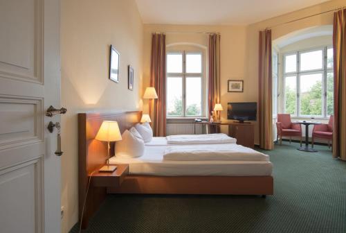 a hotel room with a large bed and a desk at Hotel am Luisenplatz in Potsdam
