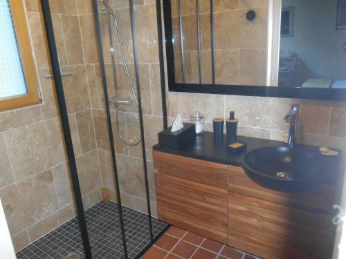 a bathroom with a shower and a black sink at Jolie chambre entre mer et campagne in Assérac
