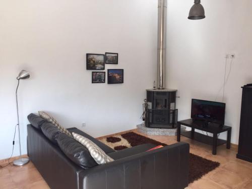 a living room with a couch and a fireplace at Quinta do Pêso in Amarante