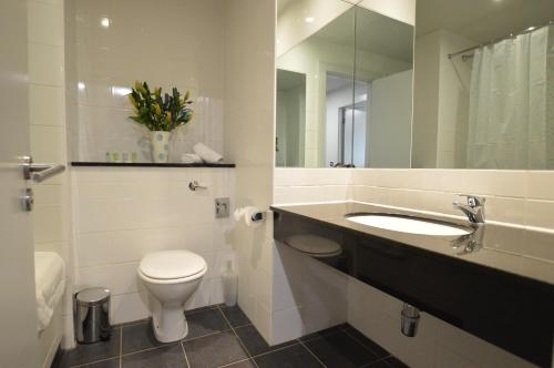a bathroom with a toilet, sink, and mirror at Benbulben Court in Sligo
