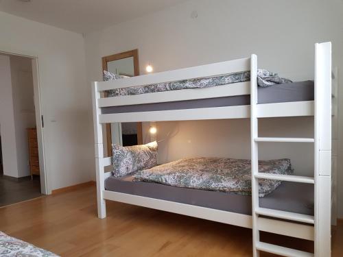 a bedroom with two bunk beds and a mirror at Ferienwohnungen Vörstetten in Vörstetten
