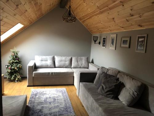 a living room with a couch and a christmas tree at Girske Povitria 2 in Yaremche