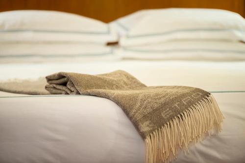 a blanket on a bed with a broom on it at Grotthuss Boutique Hotel Vilnius in Vilnius