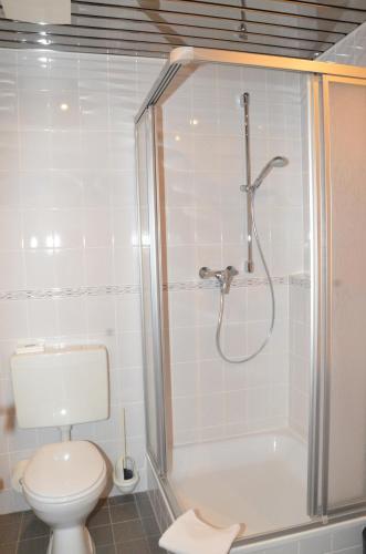 y baño con aseo blanco y ducha. en Central Inn Hotel garni en Eppelborn
