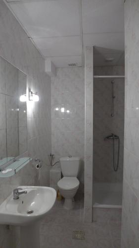 ein Bad mit einem WC, einem Waschbecken und einer Dusche in der Unterkunft Pensjonat in Kozienice