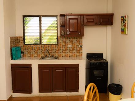 a kitchen with a sink and a stove and a window at Plaza Real Resort in Juan Dolio