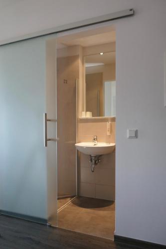 a bathroom with a sink and a mirror at Hotel zwischen den Seen in Waren