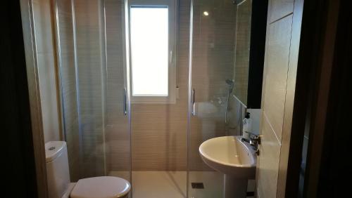 a bathroom with a shower and a toilet and a sink at Los Acebos in Otero de Herreros