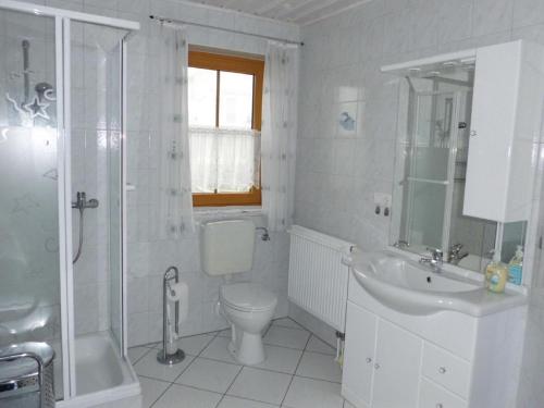 ein Bad mit einem WC, einer Dusche und einem Waschbecken in der Unterkunft Fewo Keilhofer in Spiegelau