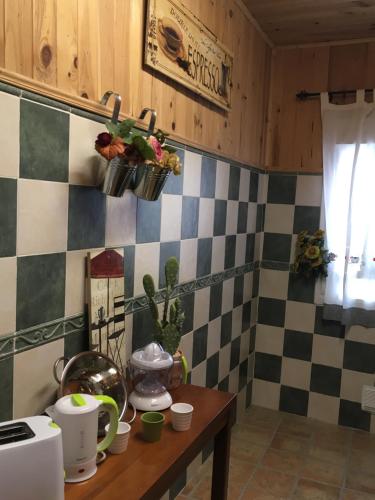 una cocina con una mesa con macetas en la pared en Apartamento La Alcancía, en Toledo