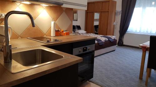 una cocina con fregadero y una cama en una habitación en ÁRPÁD Apartman, en Szekszárd