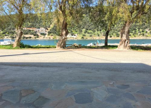 a parking lot next to a lake with trees at Sea Front Studio - Porto Buffalo - Evia in Boufalo