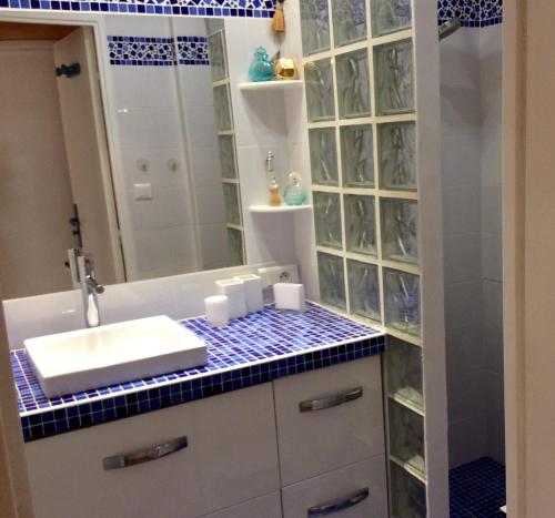 une salle de bain avec un lavabo et un miroir dans l'établissement La forlane, à Cassis