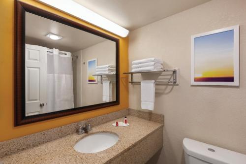 a bathroom with a sink and a large mirror at enVision Hotel Miami International Airport in Miami