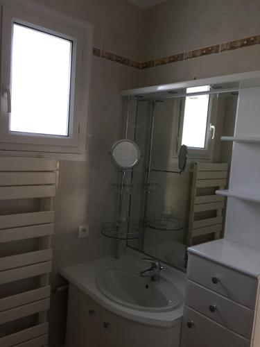 bagno con lavandino e specchio di Maison contemporaine vue mer a Damgan