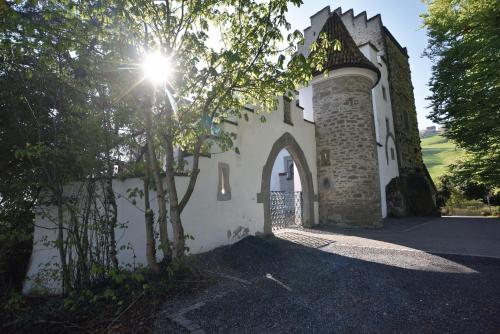 a small white building with a tree next to it at Schloss Wartensee in Rorschacherberg