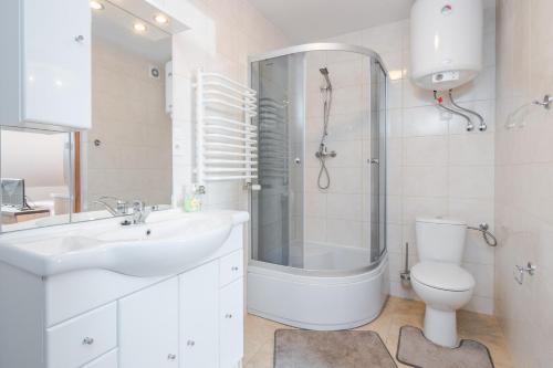 La salle de bains est pourvue d'un lavabo, de toilettes et d'une douche. dans l'établissement Astoria, à Dąbki