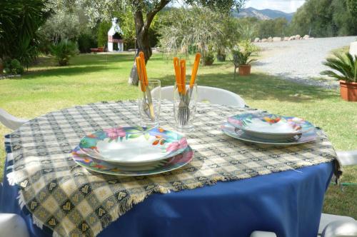 un tavolo con piatti e utensili su una tovaglia blu di Ampia e graziosa Casa Vacanza a Pula