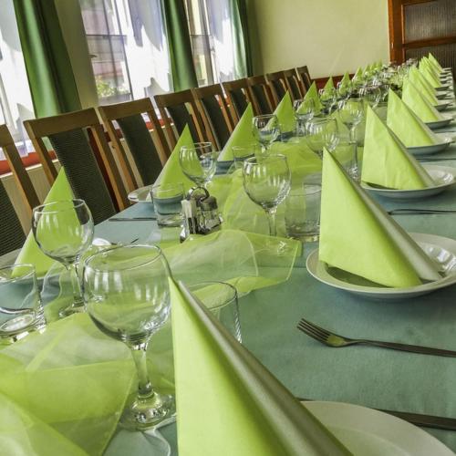 a long table with green napkins and wine glasses at Pension Palla - self check-in in Svojanov