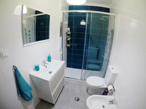 a bathroom with a toilet and a sink and a shower at Magoito Sea View Apartment in Lisbon