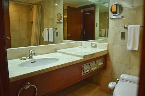 a bathroom with a sink and a mirror and a toilet at Manila Prince Hotel in Manila