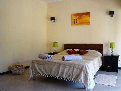 1 dormitorio con 1 cama con 2 almohadas en Althea's nice, comfy 4 BR townhouse with pool in Grand Bay- AH 1, en Grand Baie