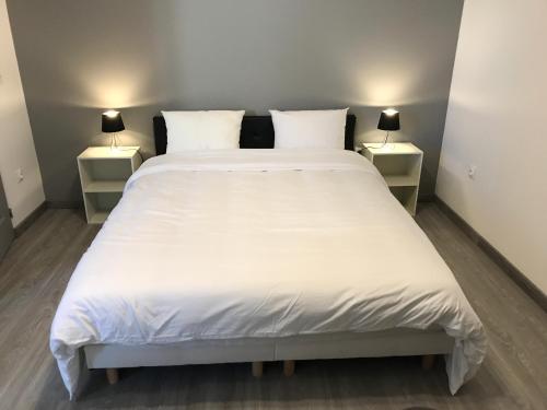 - un grand lit dans une chambre avec 2 tables de nuit dans l'établissement Studio Gallieni, à La Châtre