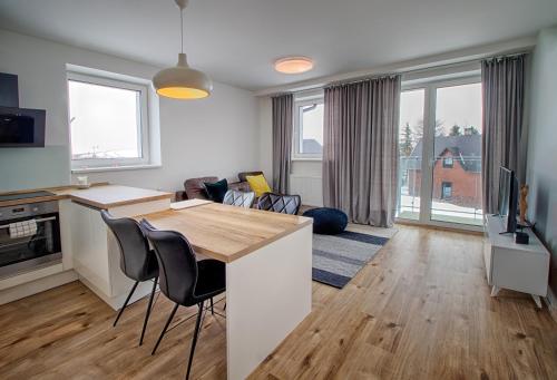 a kitchen and living room with a table and chairs at Aparthotel Klínovec Views in Loučná pod Klínovcem