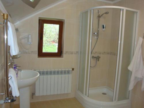 a bathroom with a shower and a sink at Eco Sadyba Familia in Yaremche