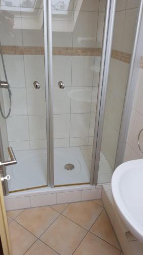 a shower with a glass door in a bathroom at Gasthaus Schug-Müller in Flacht